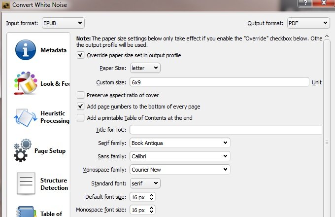 calibre to pdf formatting page size and font